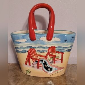 Anne Ormsby "Summer Time" Ceramic Tote Purse Beach Scene Ceramic Handbag Vase
